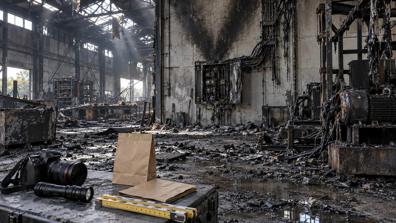 Tracce di combustione sulle pareti di uno stabilimento dopo un incendio